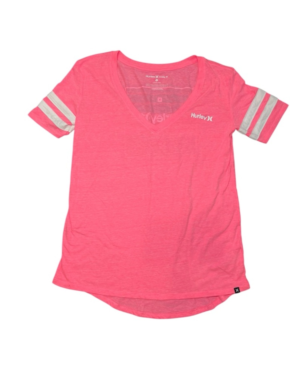 Hurley Y2K Neon Pink Graphic Tee Striped Sleeves Logo Surf Skater Women’s Medium